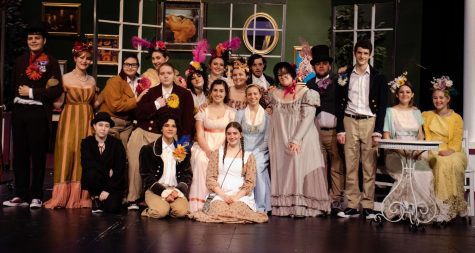 The cast of Sense and Sensibility gather for a photo op. They are wearing costumes provided by the Oregon Shakespeare Festival in Ashland. Funds for the costume rental were provided by an RHS Foundation grant.