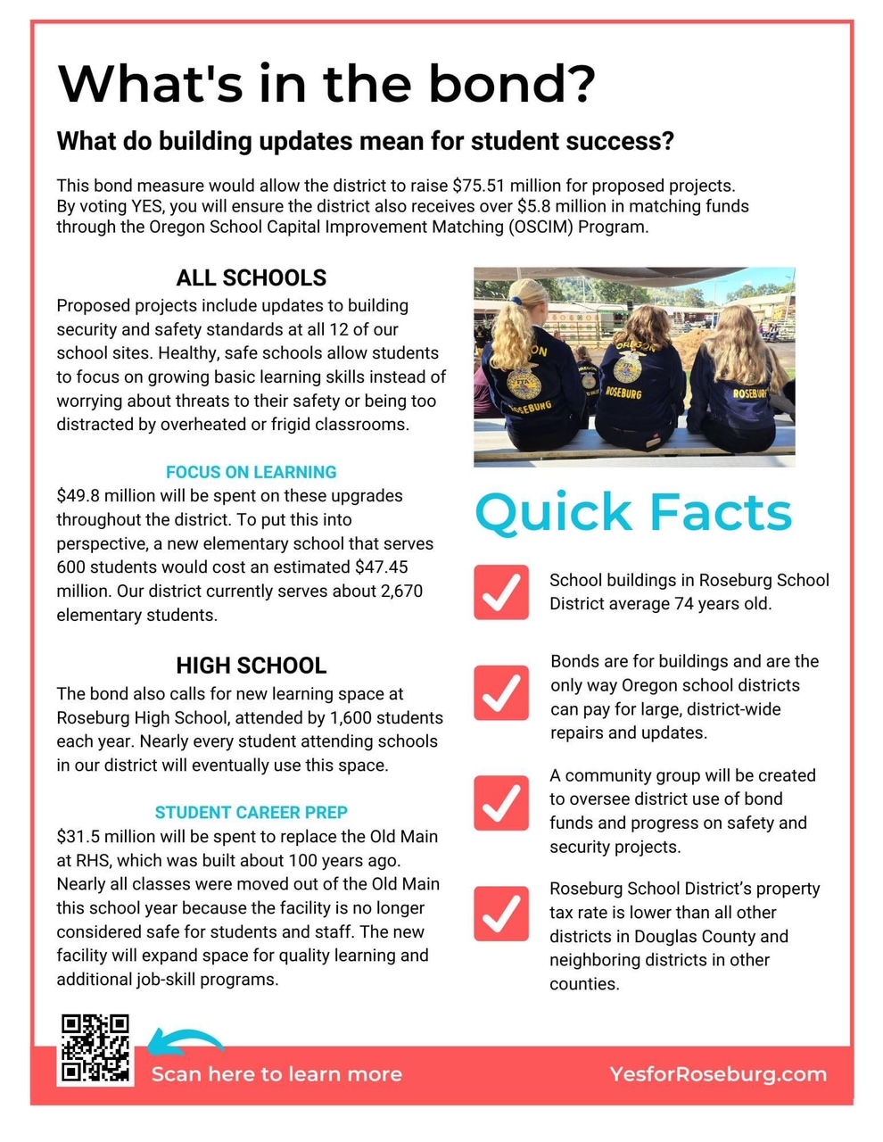 Vote Yes for Roseburg Schools shares quick facts about the bond measure and how it will support student success. 